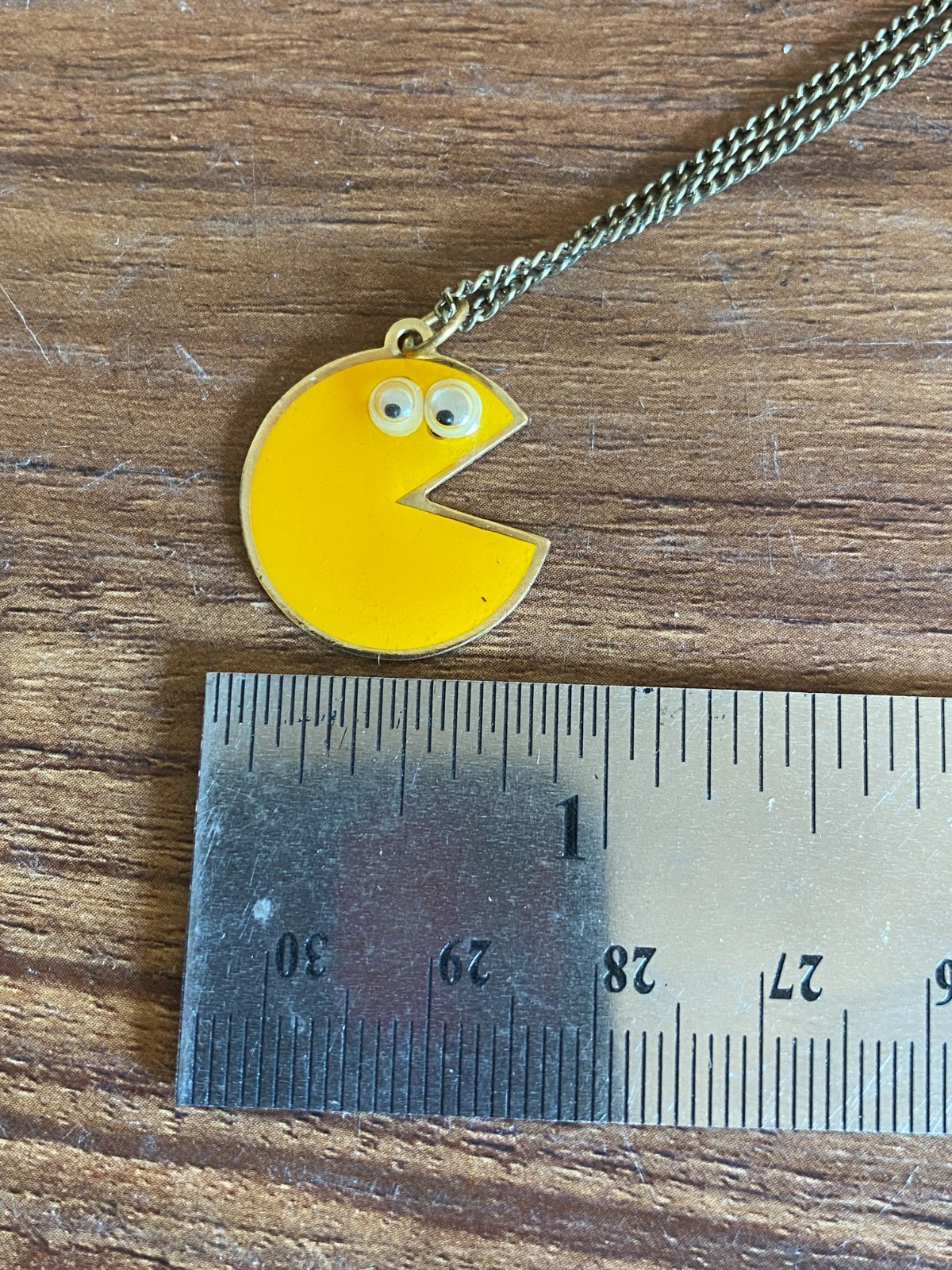 Vintage Pac-Man Googly Eyed Necklaces Rare Yellow Enamel Charm & Chain