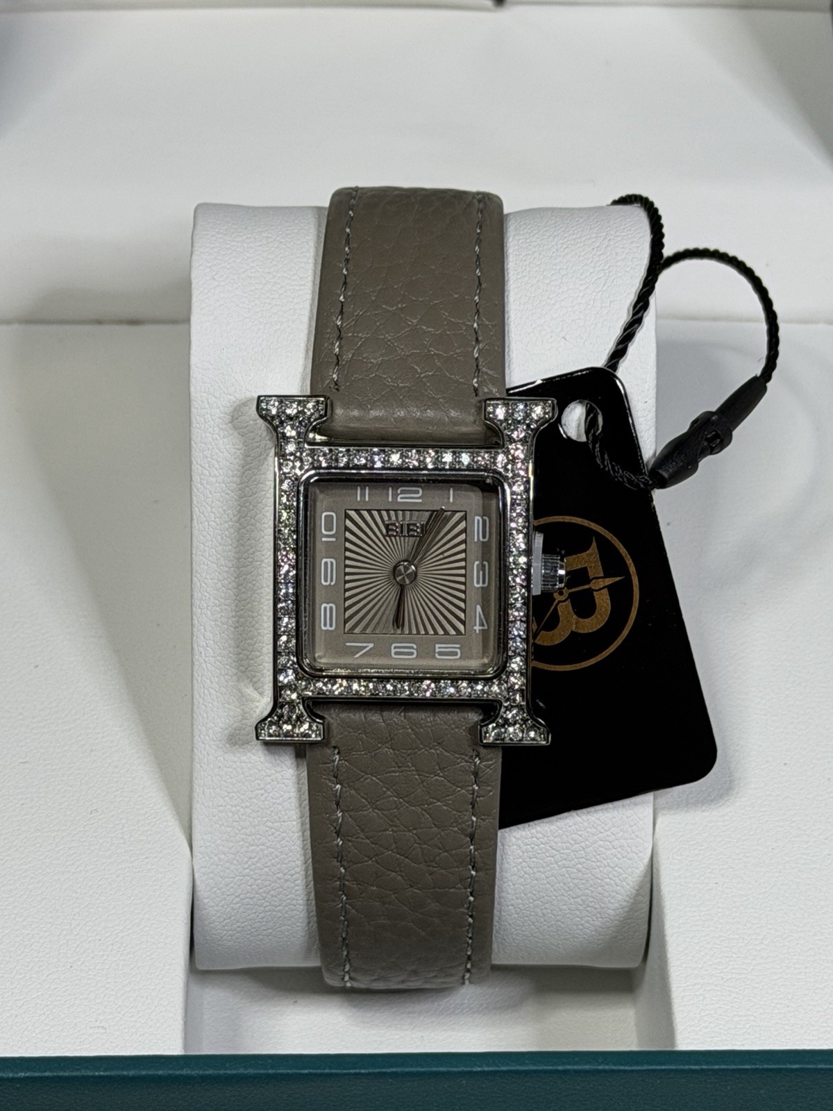 Bibi Luxury Watch Women’s Silver H Inspired Crystal Set Bezel Grey Leather NEW