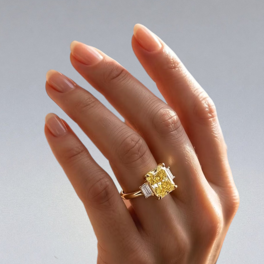3.80 CT Radiant 14K Yellow Gold Diamond Ring Fancy Vivid Yellow IGI Lab Created