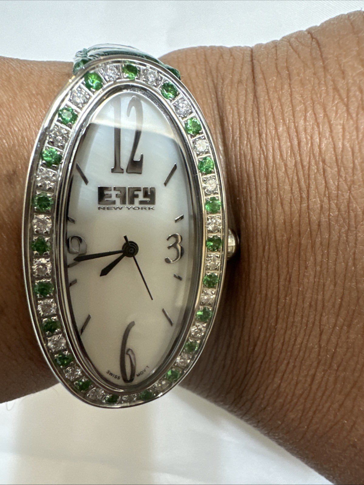 Effy Diamond & Tsavorite 1.78 Ct Swiss Quartz Ladies Watch Green Crocodile Strap