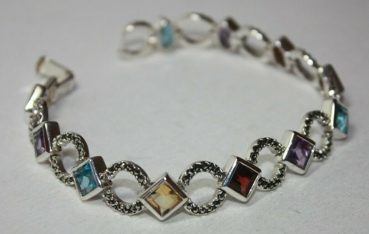 Designer Sterling Silver Multi-Stone & Marcasite Bracelet 7.75″ Signed A [041GRA