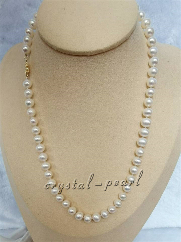 30″ AAAA Japanese Akoya 7-7.5 mm white pearl Necklace 14K Yellow Gold