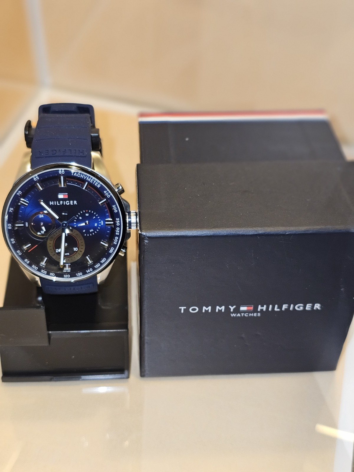 Tommy Hilfiger Men’s Analog Quartz Tachymeter Multi-Dial Blue Strap w/ Box