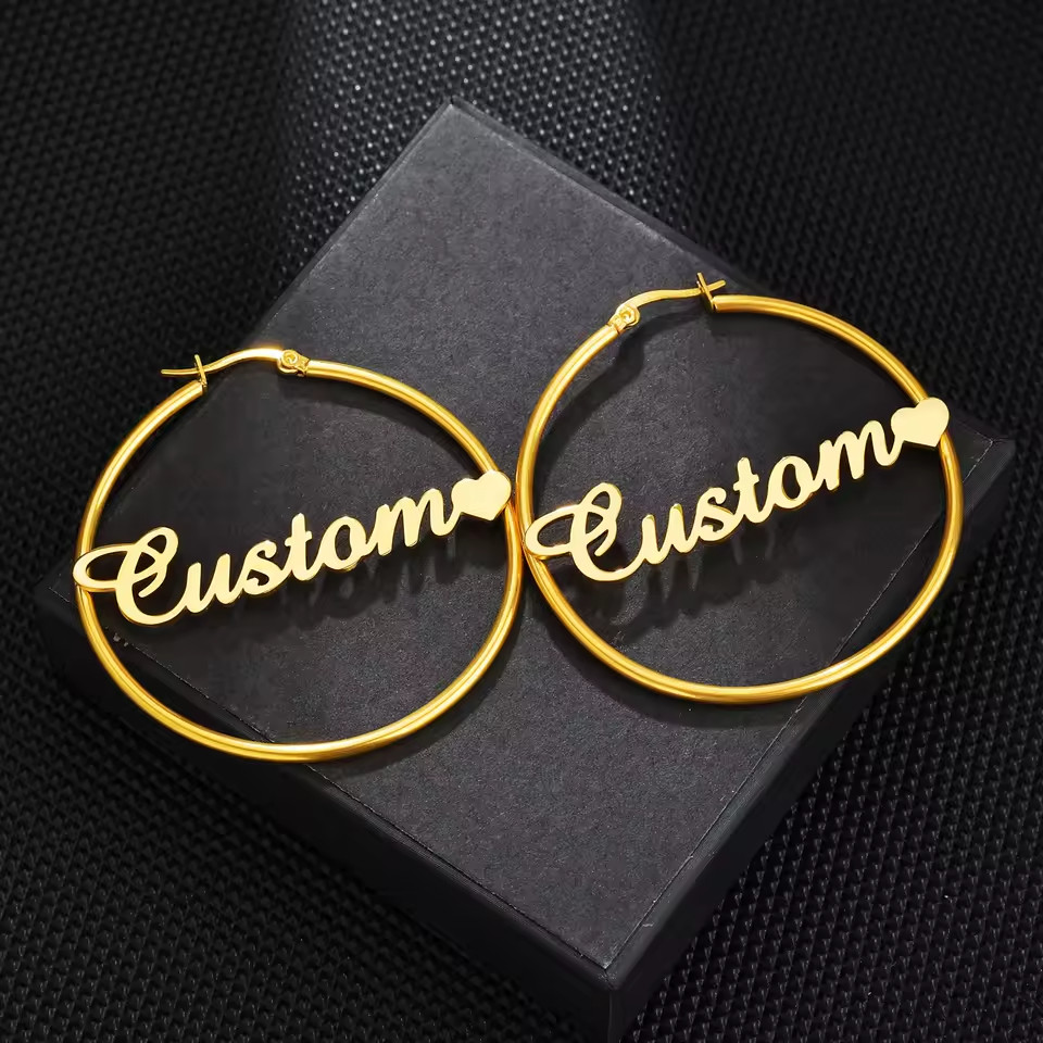 Custom Jewelry Personalized Name Hoop Earrings Pair Women Earlobe Gold Silver