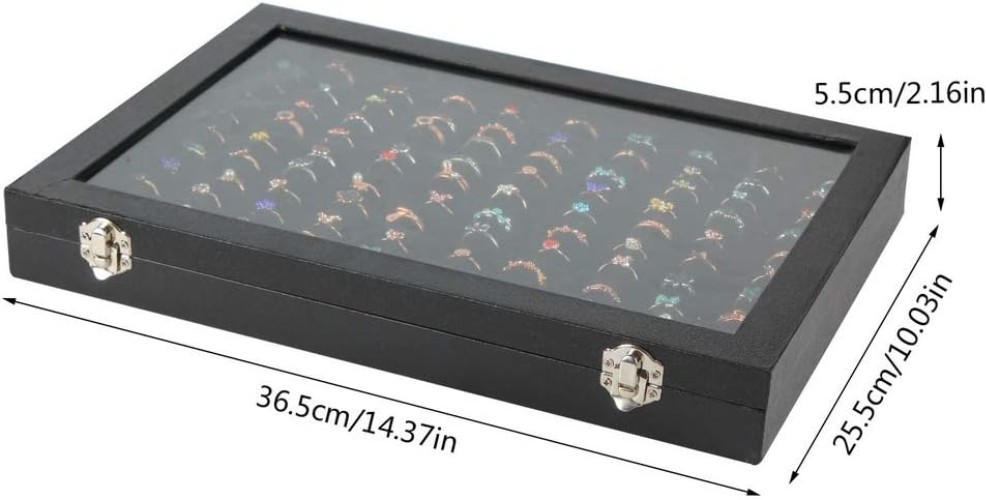 Elegant Black Ring Display Case with 100 Slots & Transparent Lid, 10×14 inches