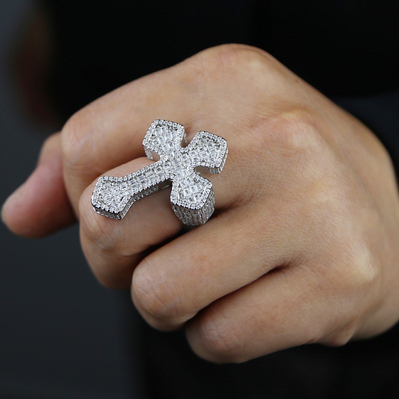 18K Gold Plated Iced CZ Out Cross Ring For Men White Gold Plated Fashion Jewelry