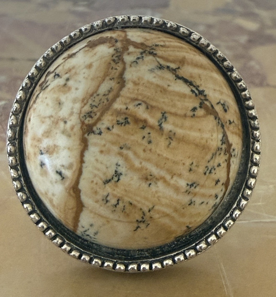 VTG Picture Jasper Ring 925 Sterling Silver Round Cabochon Brown Tan Swirls 7.5
