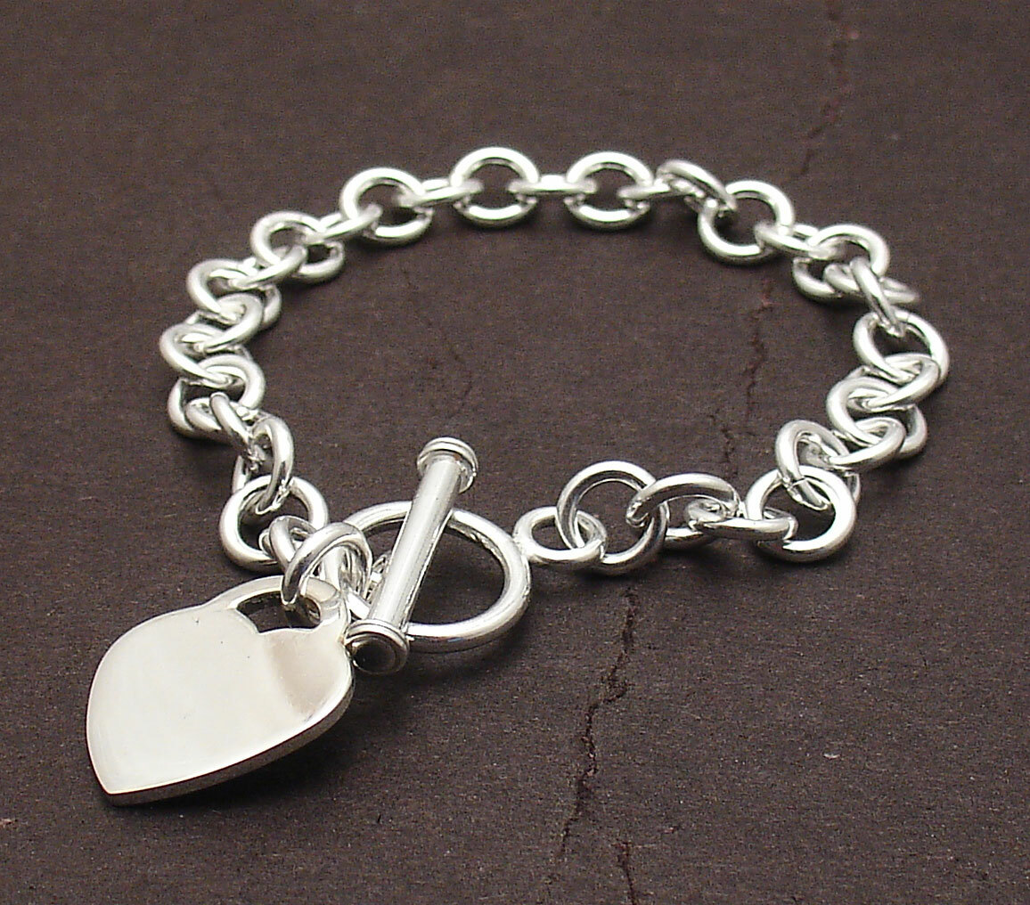 Solid Engravable Heart Tag Bracelet with Toggle Clasp Real 925 Sterling Silver