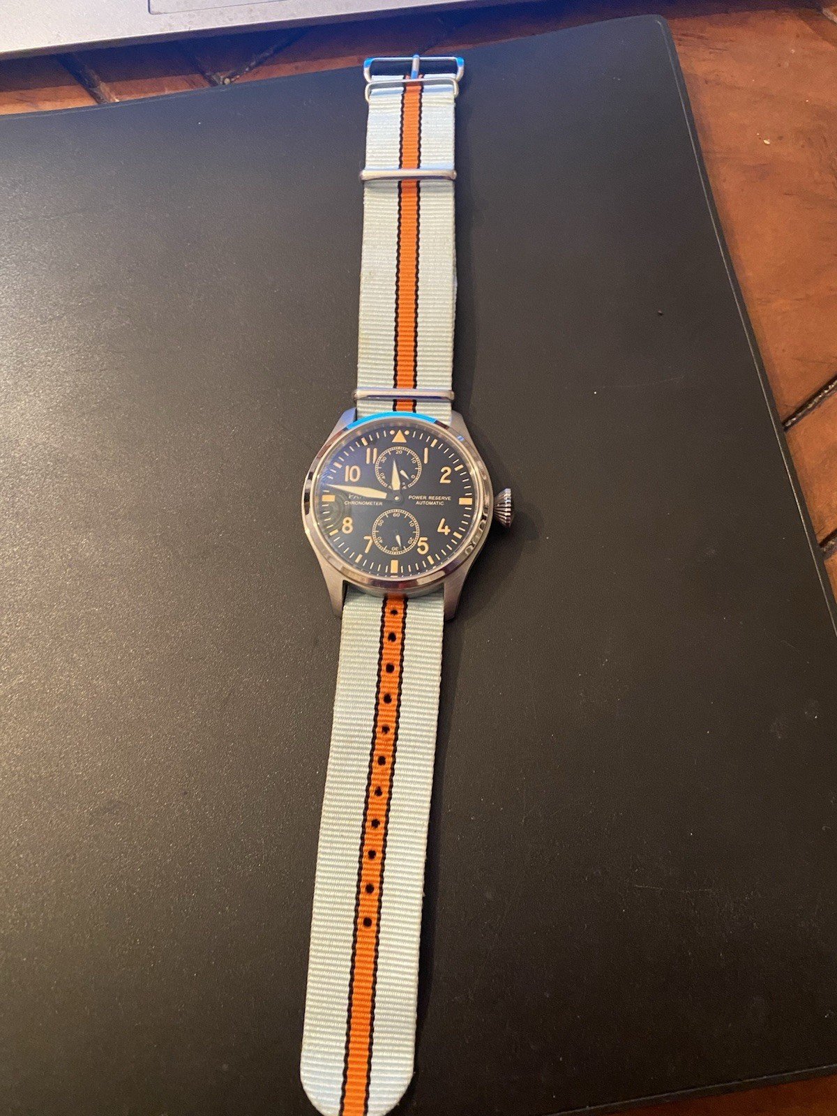 Automatic Power Reserve Pilot Watch Blue Dial Exhibition Caseback Nylon Strap