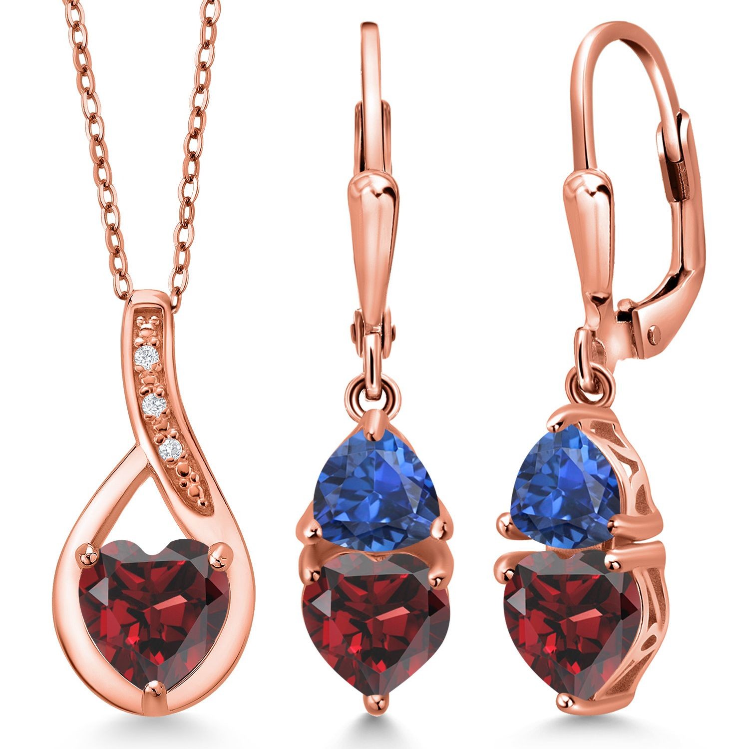 18K Rose Gold Plated Silver Garnet and Created Sapphire Pendant Earrings Set