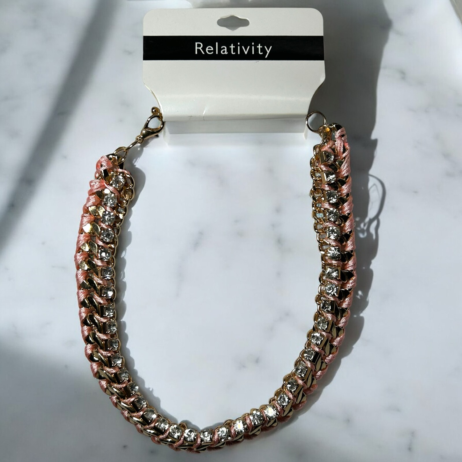 Relativity Necklace Choker Chain Link Gold Pink Thread Diamond Bling NWT