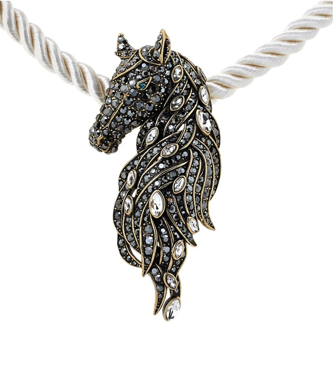 Heidi Daus FROSTED STALLION Crystal Horse Pin/Pendant Twisted Cord Necklace