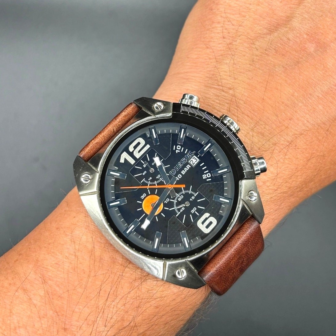Diesel DZ4204 Men’s Overflow Chronograph Silver Case Brown Leather Watch