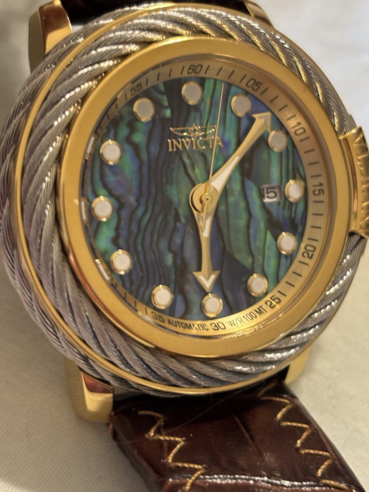 Invicta Bolt Men’s Automatic Watch Gold Tone Abalone Brown Leather model 24432