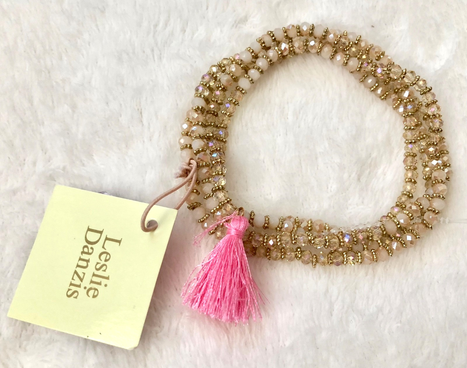 NWT Leslie Danzis Pink Beaded Bead Wrap Bracelet or Necklace Stretch 34″ Long