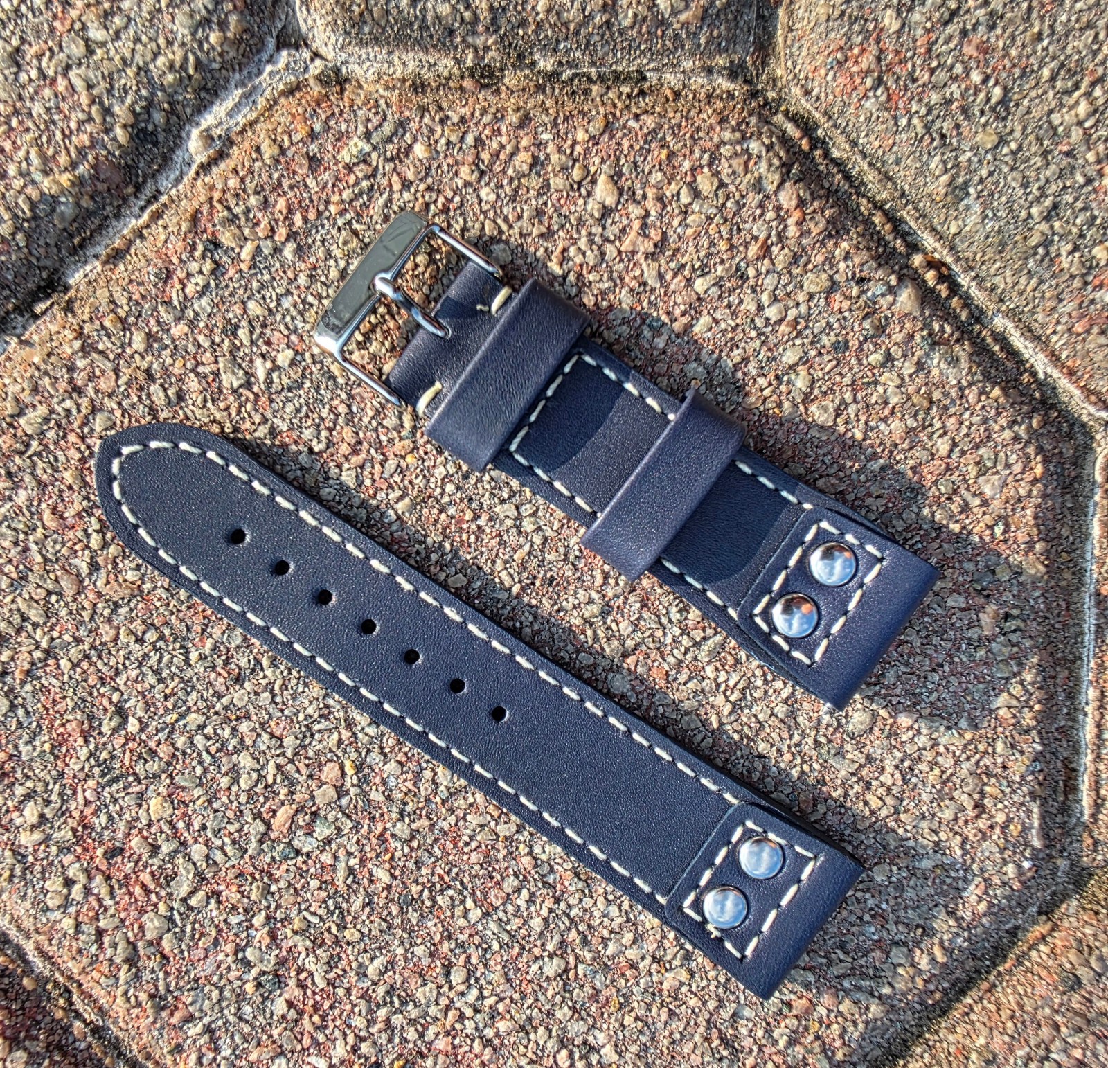 22MM Black Aviator Pilot with 2 SOLID Stainless Genuine Leather watch band strap