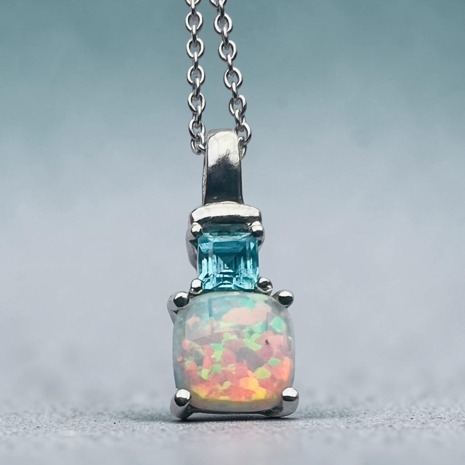 Sterling Silver Opal and Blue Topaz Necklace 18 Inches Sparkle and Shine 925