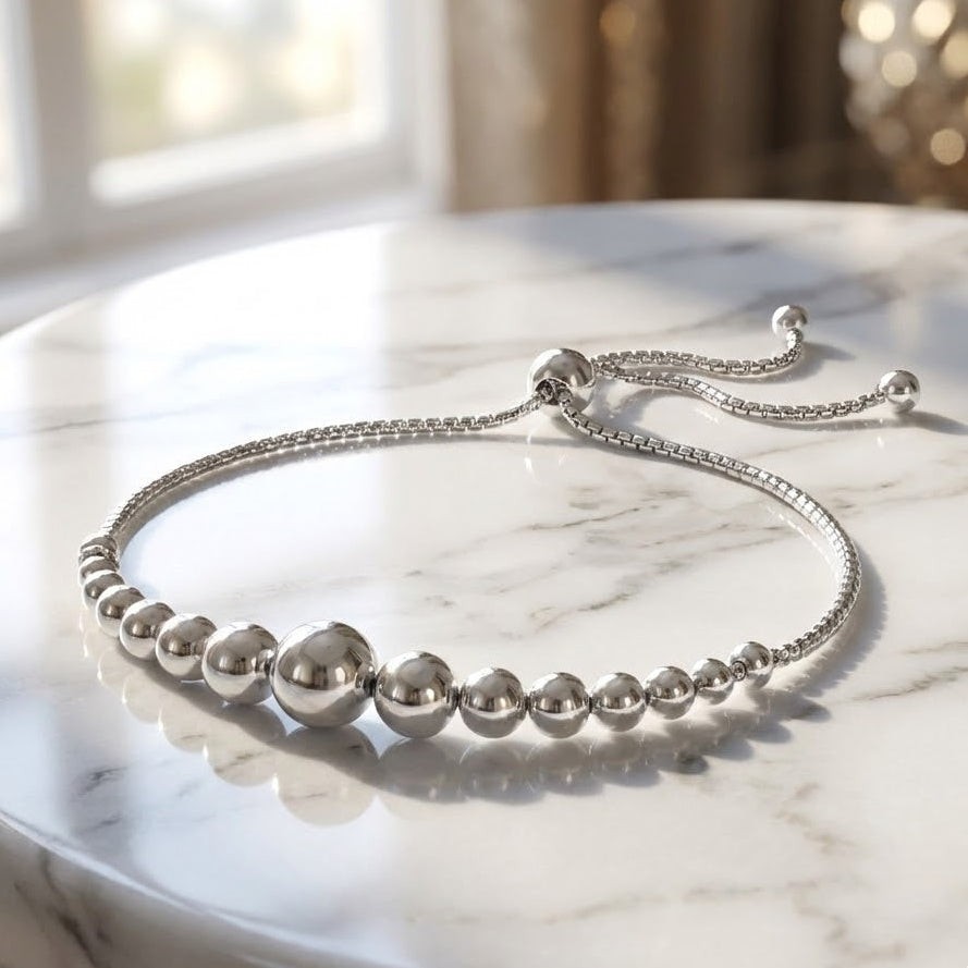 Graduated Bead Bolo Bracelet Rhodium Plated 925 Silver Italy Adjustable 9in
