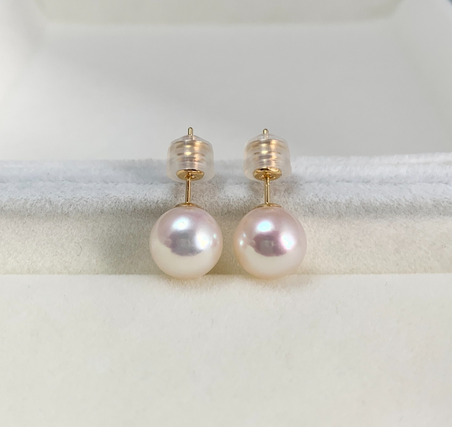 8.7mm round white-rose Japanese Akoya pearl stud earrings 18k solid yellow gold