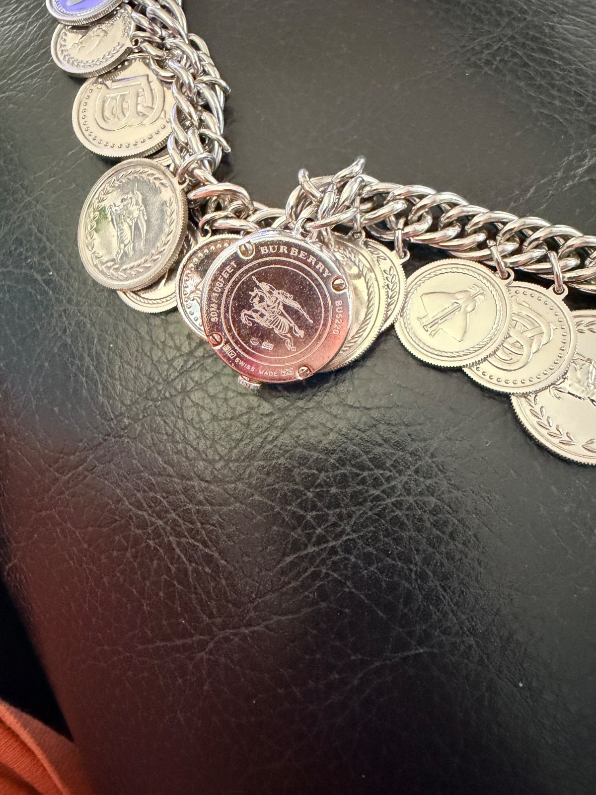 Authentic Swiss Made Burberry Lady Sterling Silver 10Charm Bracelet Watch BU5220