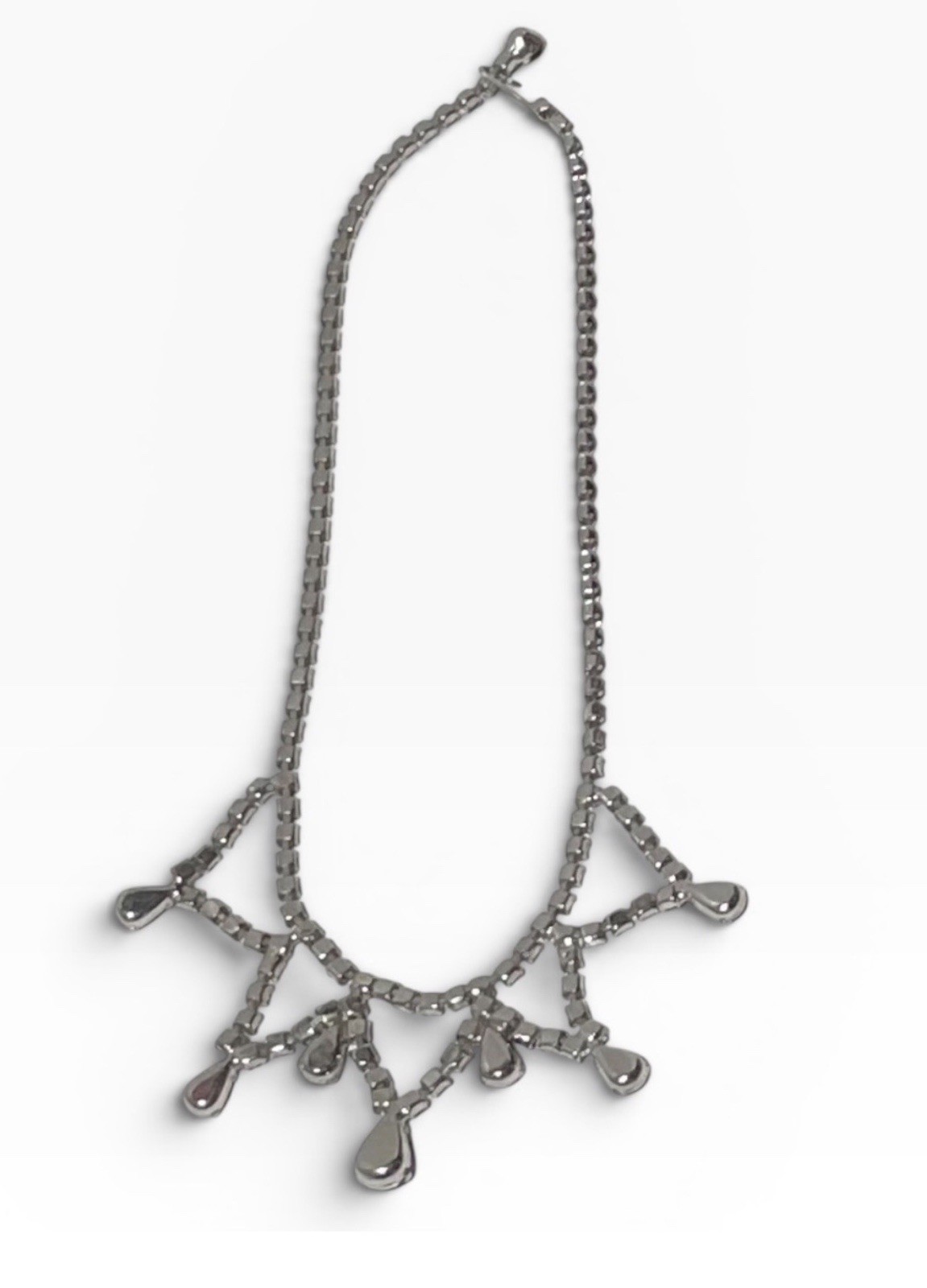 Vintage Purple Rhinestone Festoon Necklace Silver Tone Teardrop Dangle 16”