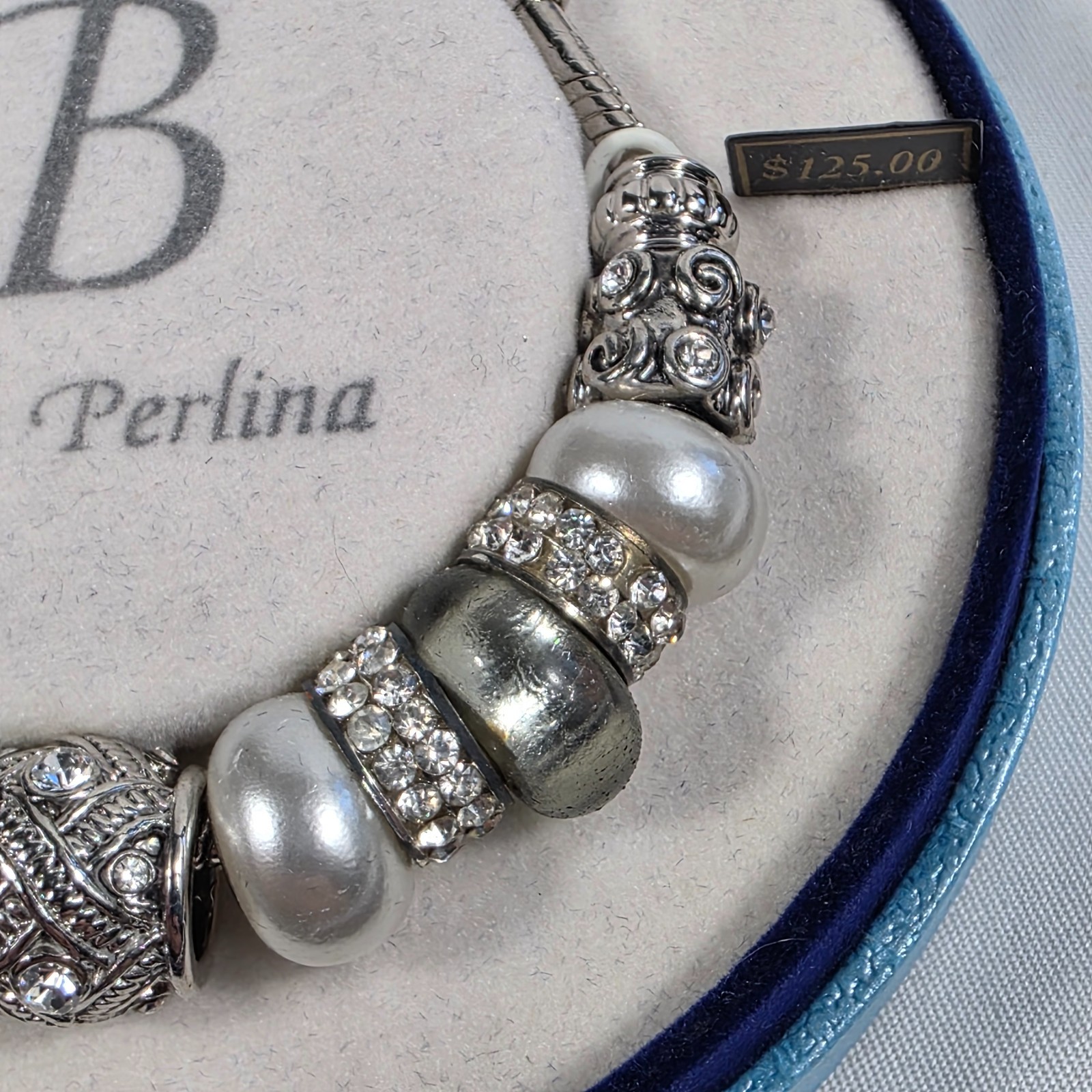 Bella Perlina Silver-Tone Charm Bracelet White Pearl Beads Crystal Accents NEW