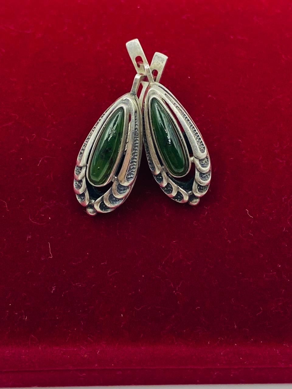 Vintage soviet Jade Earrings Silver 875 Cabochon ussr СЮ