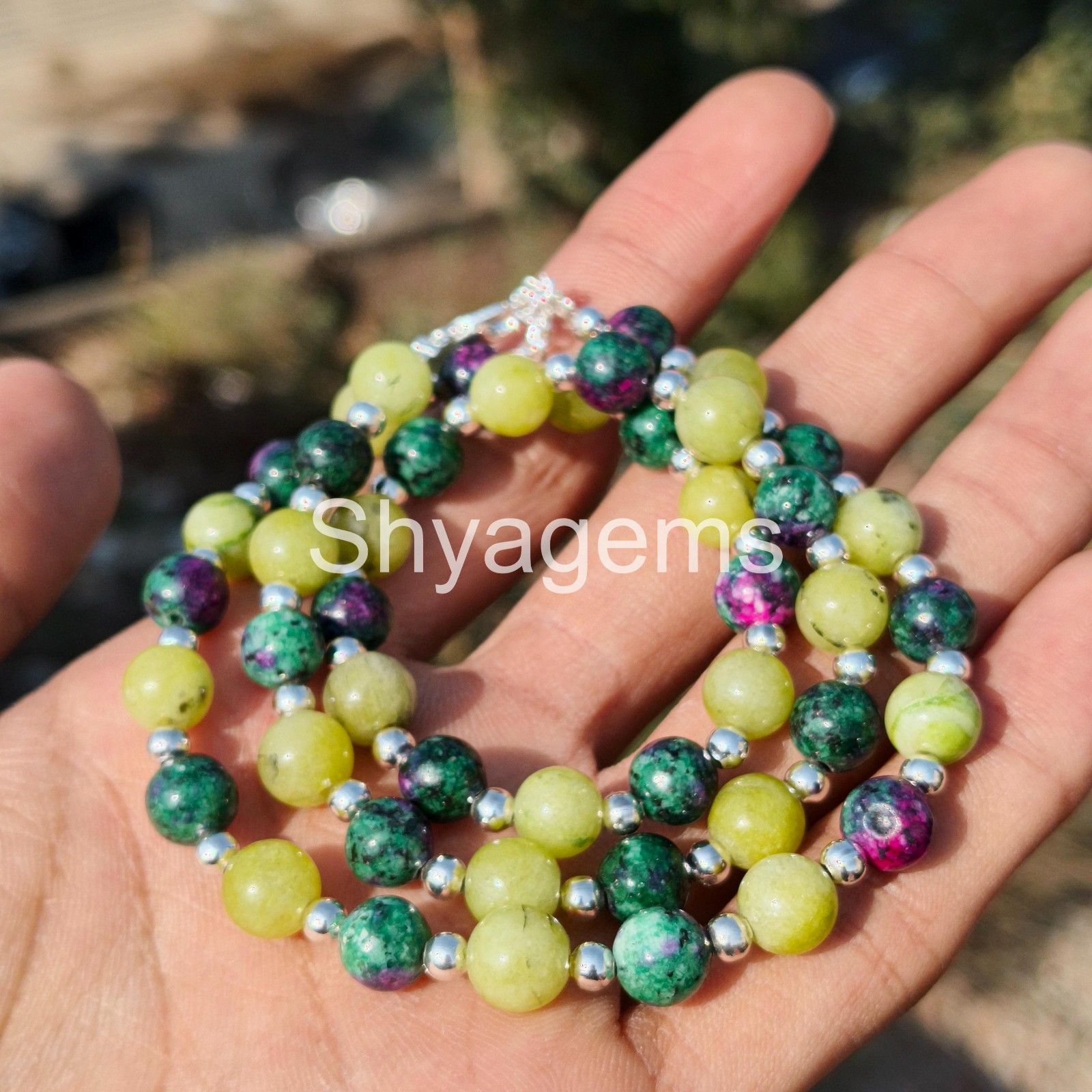 Ruby Zoisite Green Jade Necklace, 8mm Beaded Gemstone Necklace, Healing Crystal