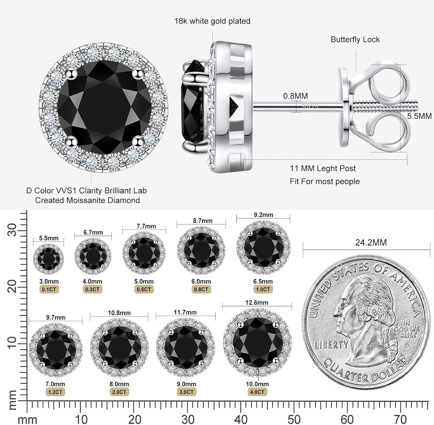 Moissanite Halo Earrings Stud Screw Back 0.2-8.0Ct 3-10Mm 18K White Gold Plated