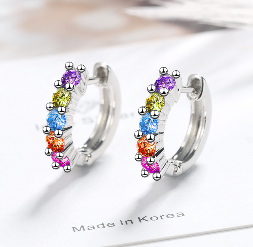 Women 925 Silver Tone Gold Rainbow CZ Huggie Hoop Snap Earrings 15mm Gift AF