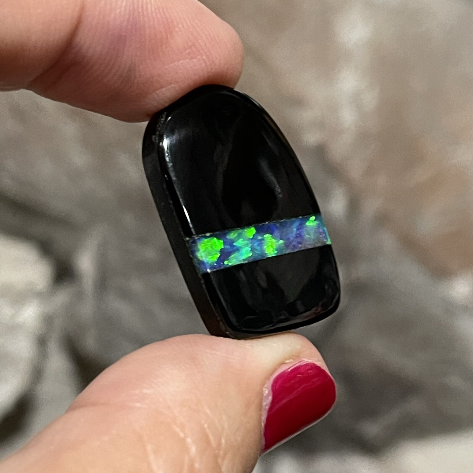 29ct 27.4c17.2×6.2mm Black Onyx And Lab Created Opal Inlay Intarsia Cabochon