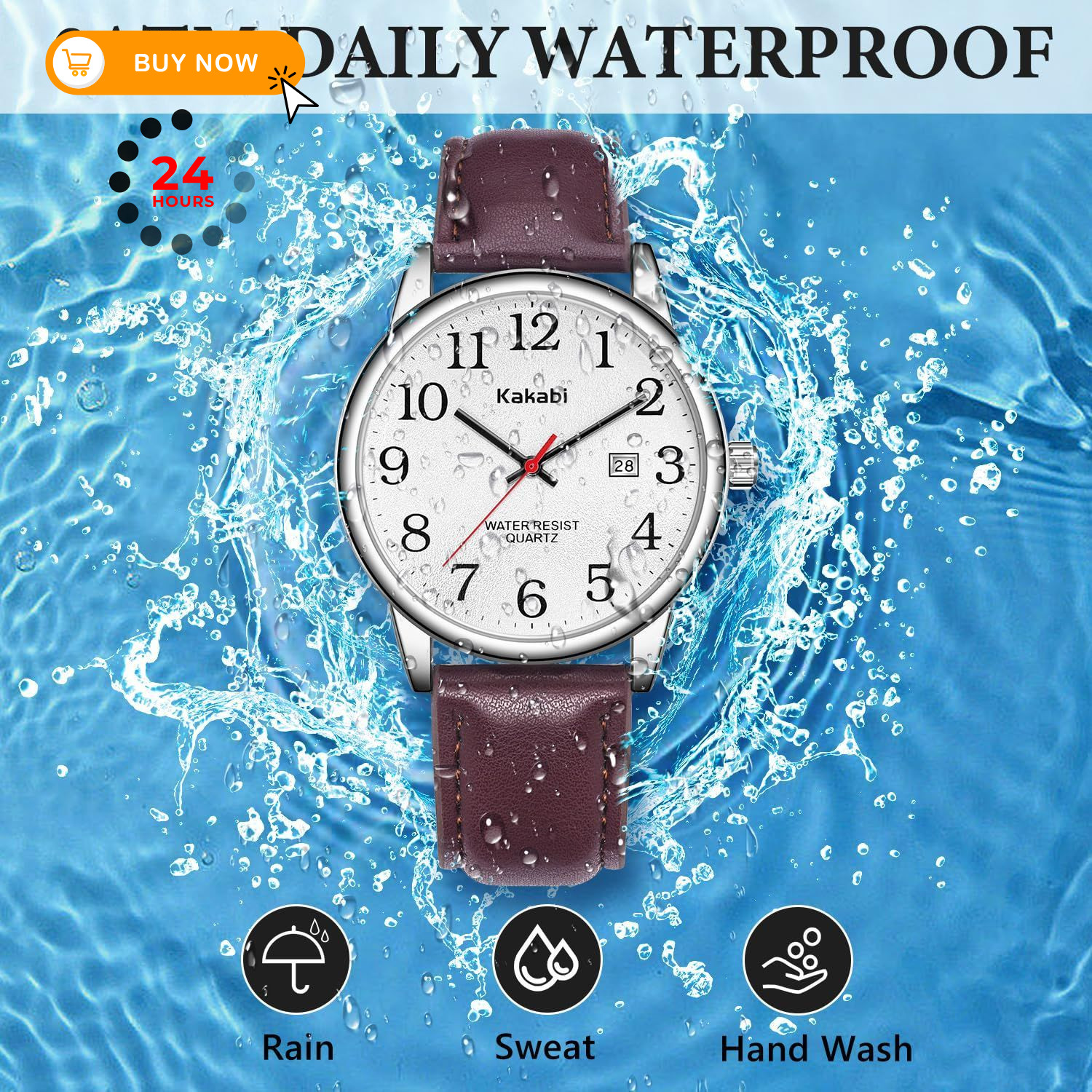 Kakabi Watch for Men, Easy Reader Unisex 03-Reddish-brown/Silver-Tone/White