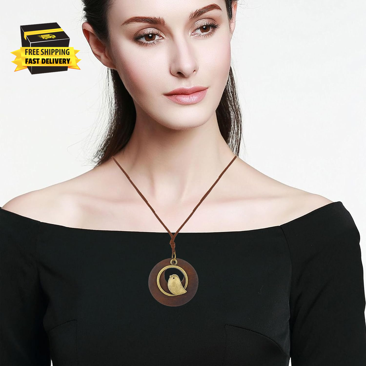 Circular Hollow Wood Necklace Hanging Rope Design Boho Chic Bird Pendant Necklac