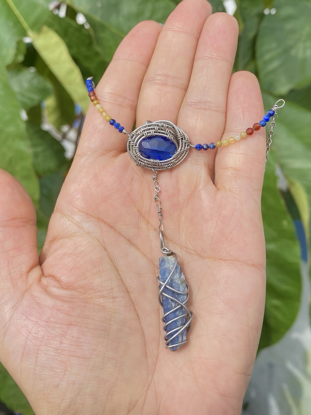 Handcrafted Wire Wrapped Blue Tanzanite Oval Pendant Beaded Necklace Steel Chain