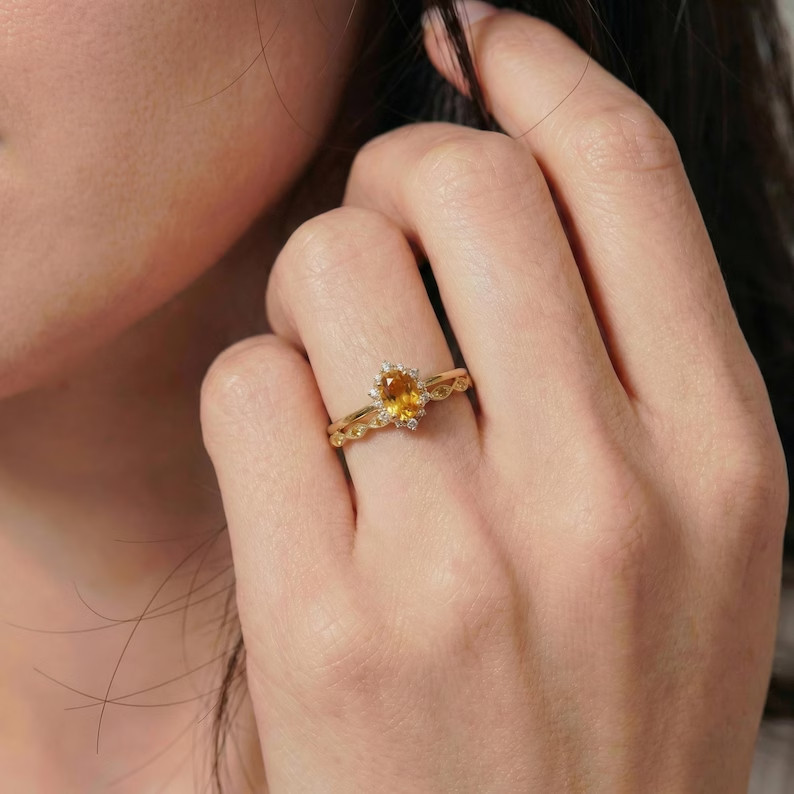 14k Yellow Gold Plated 2.00Ct Round Cut Simulated Citrine Womens Bridal Ring Set