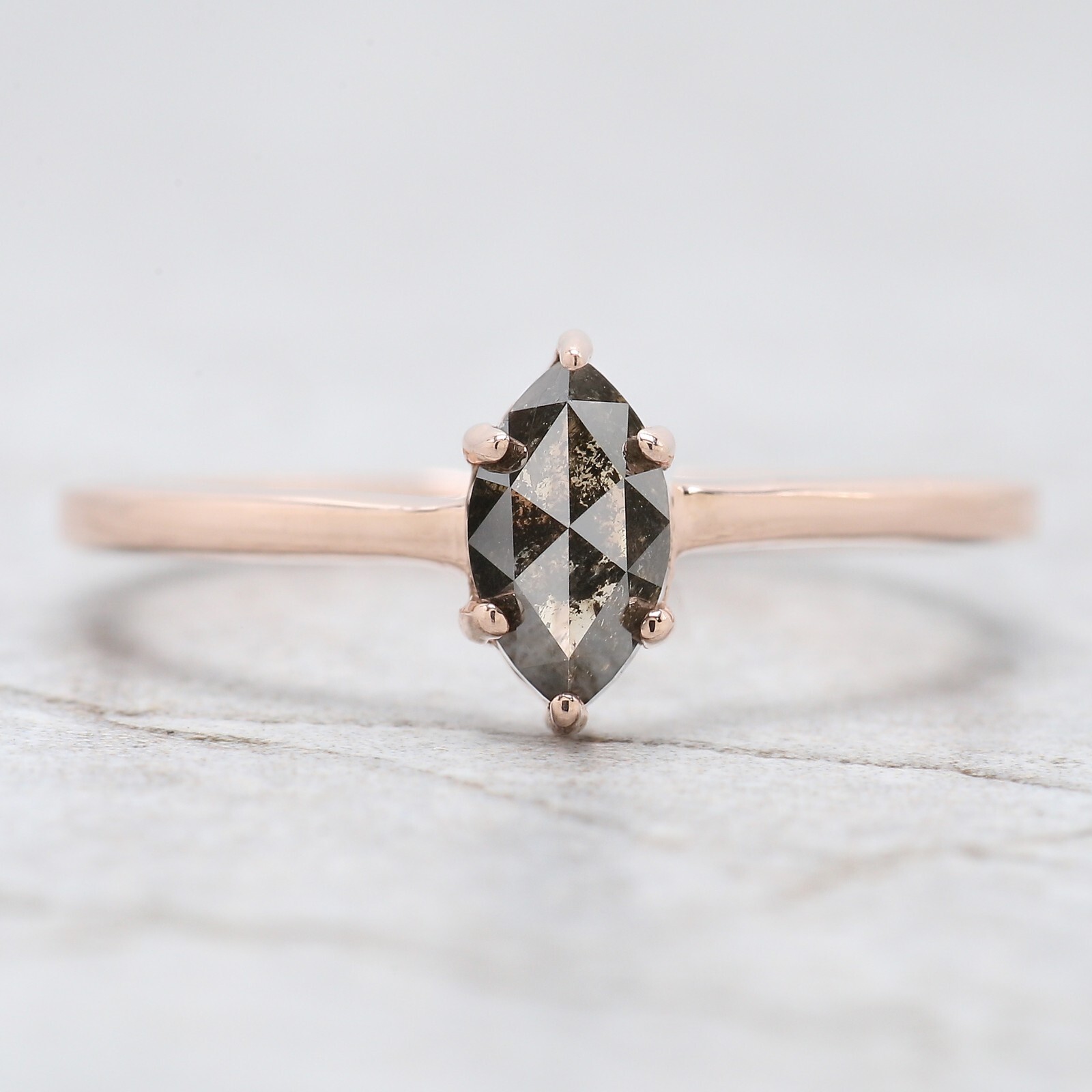 0.72 Ct Marquise Salt And Pepper Diamond Ring 14K Rose Gold Engagement Gift Ring