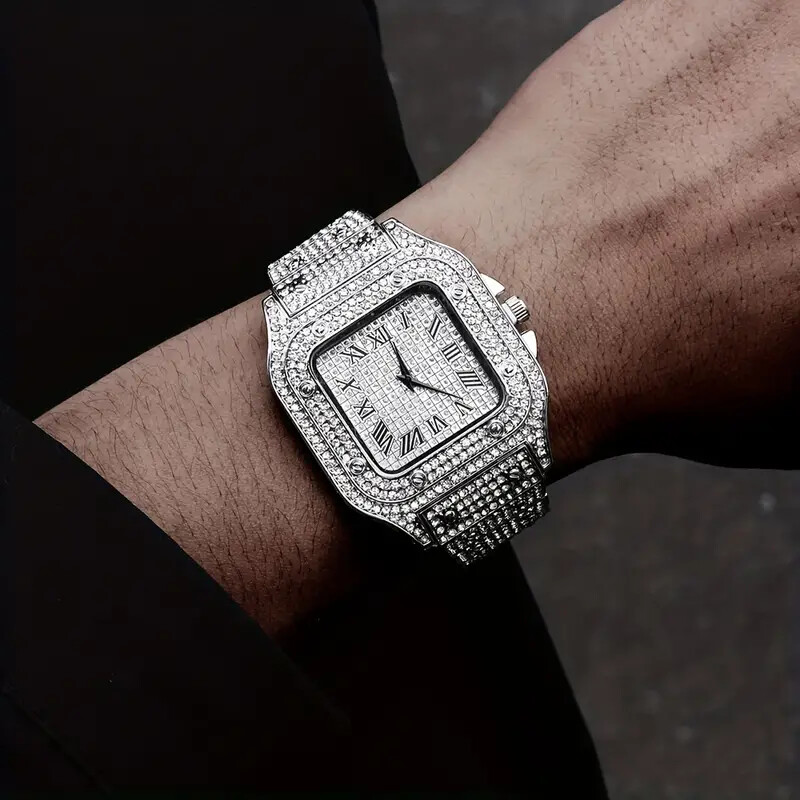 MEN’S ICED LUXURY GOLD PLATED SIMULATED DIAMOND METAL BAND WRIST SQUARE WATCH