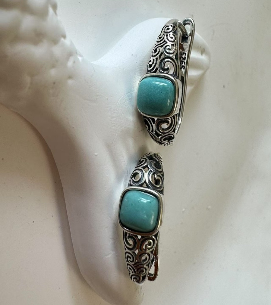 Native Square 5mm Turquoise English Lock Stud 3/4” Earrings 925 Solid Silver