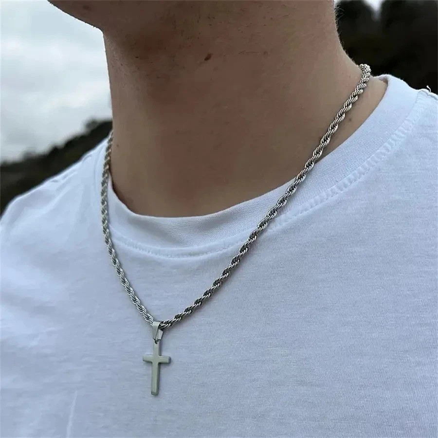 Men Stainless Steel Cross Pendant Necklace Silver Chain Christian Jewelry Gift