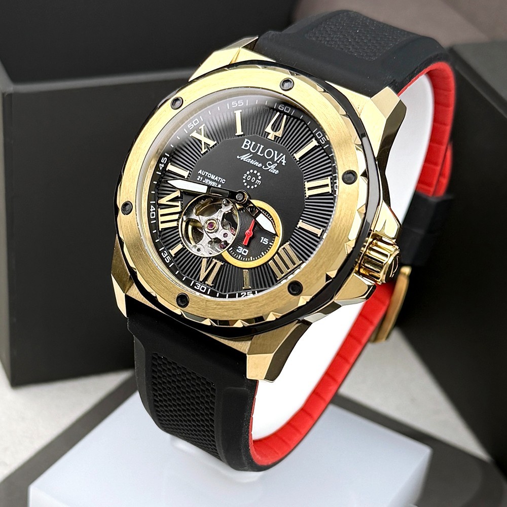 Bulova Men’s Marine Star Black Gold Dial Rubber Strap Automatic Watch 98A272