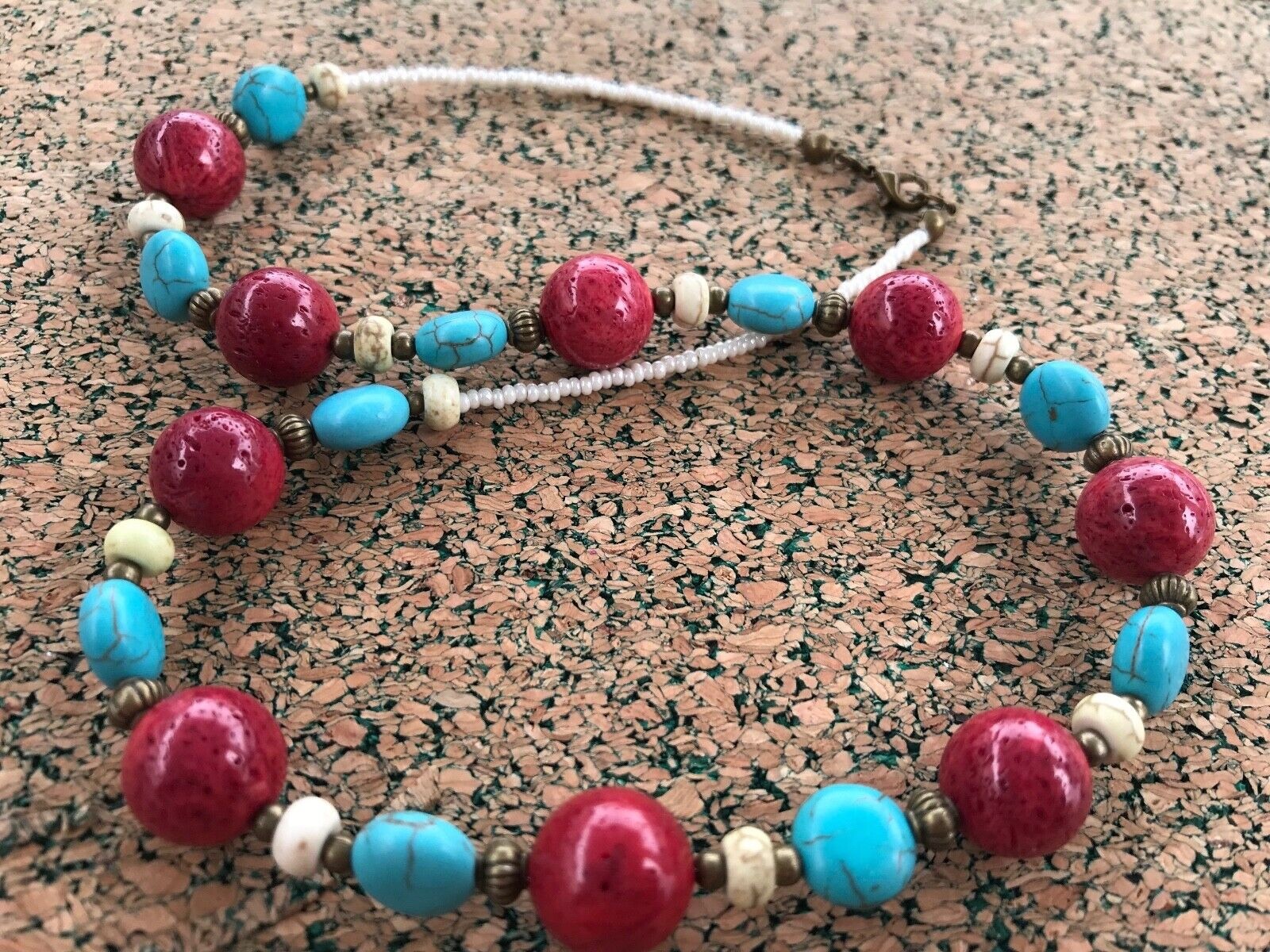 Handmade Necklace Blue and Yellow Magnesite and Red Coral Beads with Bronze Tone