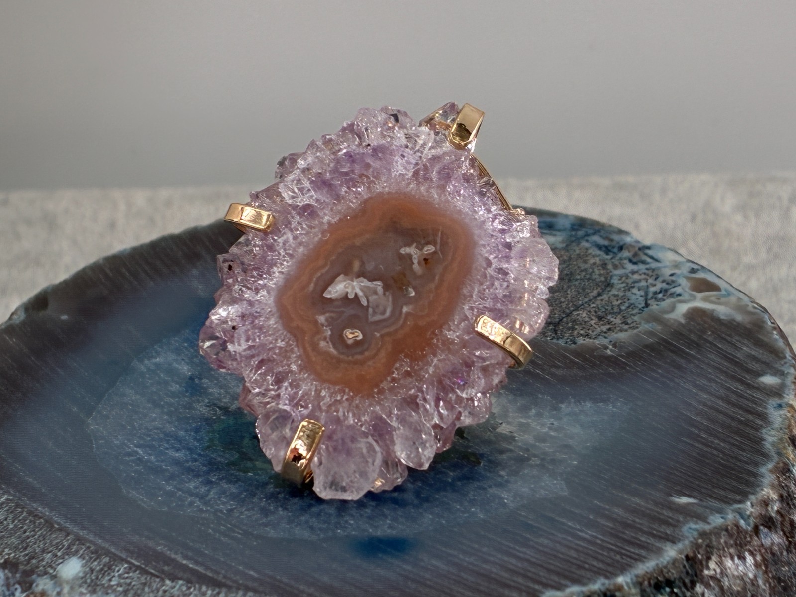 Kalifano Amethyst Stalactite Agate Gold Tone Adjustable Ring Shank Signed BR