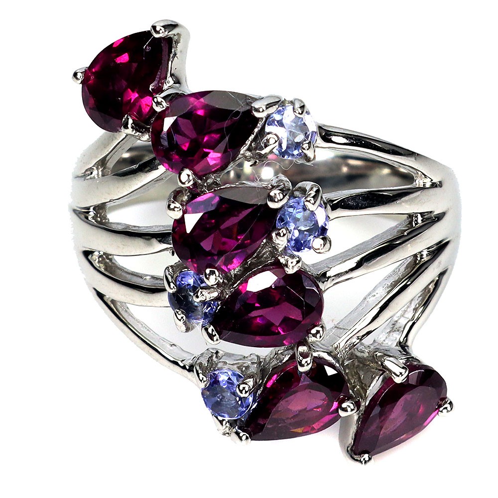 925 Sterling Silver Ring Pear Rhodolite Tanzanite Natural Gemstone Jewelry Size