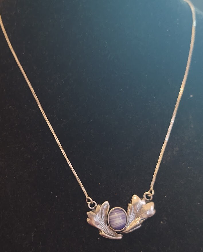 925 Sterling Silver Necklace Stunning -With a Rainbow Stone–16″ long ((139))