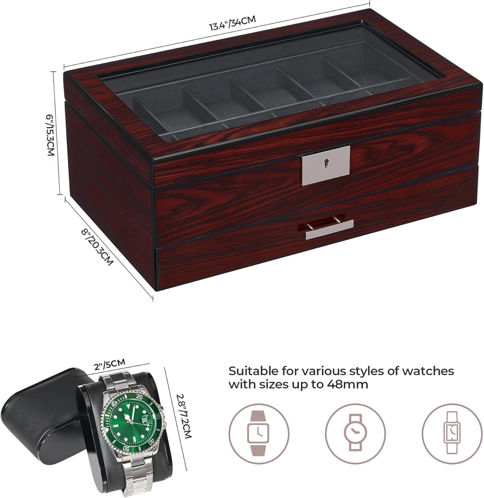 12 Slot Watch Cases with Glass Lid Lockable Organizer for Men, Synthetic Leather