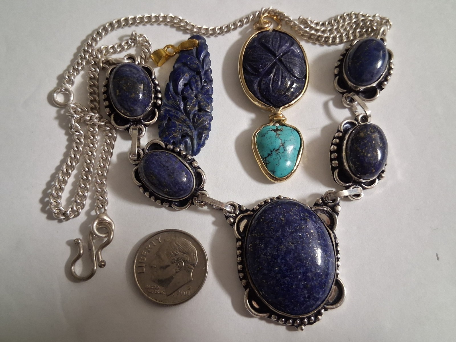 carved lapis lazuli gold filled pendants, sterling silver necklace, total 40g