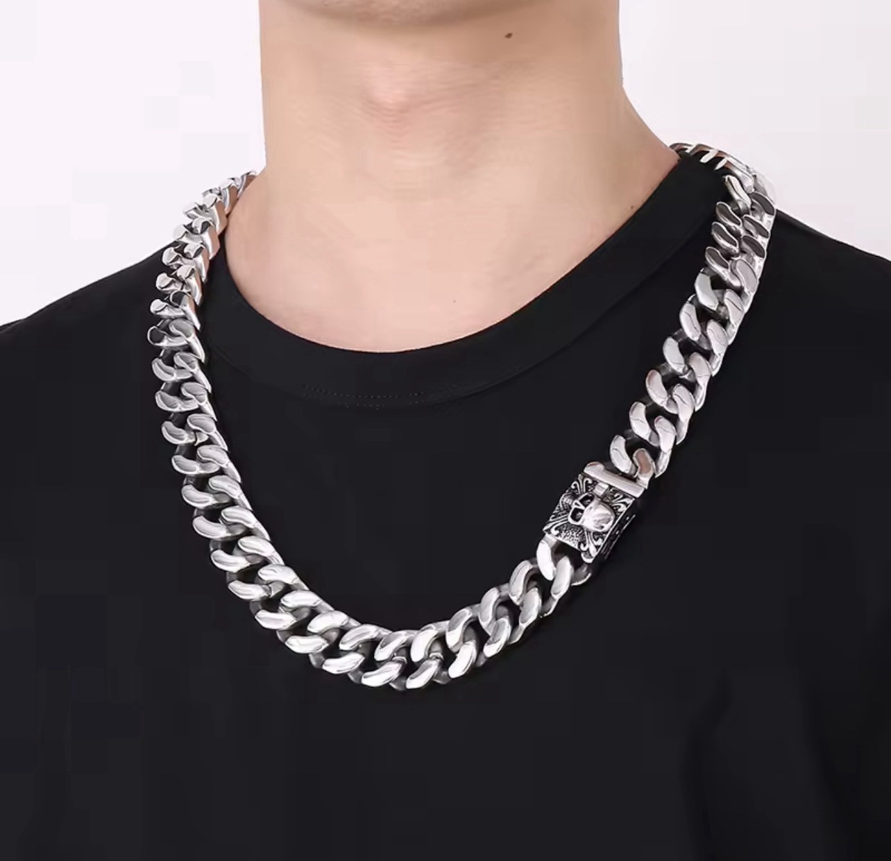 Men’s Thick Cuban Chain in 316L Stainless Steel with Skull Pendant, 20mm/ 60cm