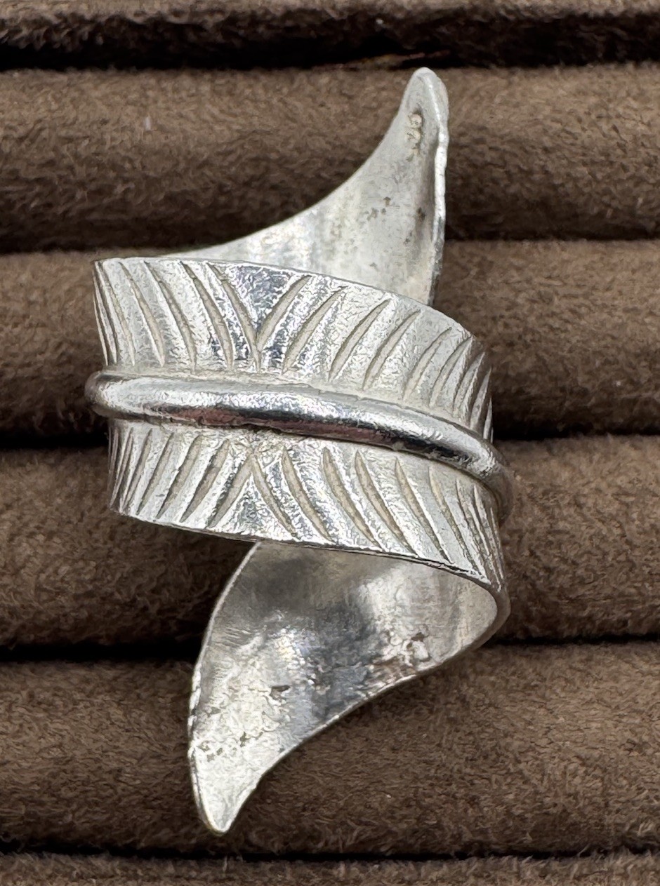 Vtg Sterling Silver Feather Leaf Bypass Wrap Adjustable Ring Chunky Large Size 6