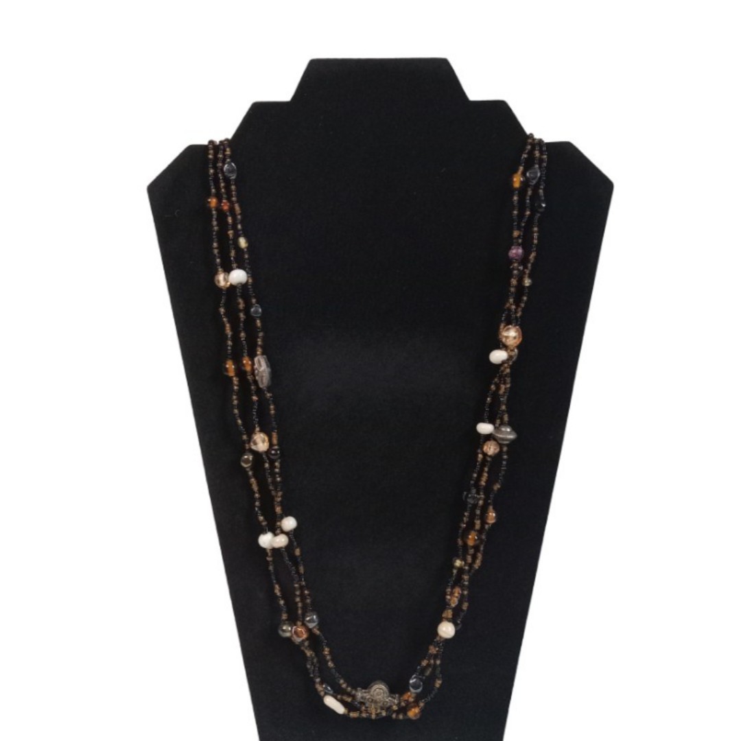 Black and Brown Multicolor Seed Beaded Triple Strand Layered Bohemian Necklace