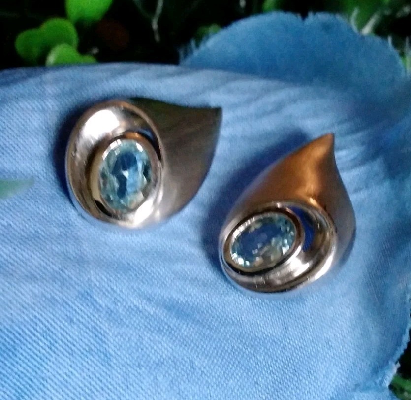 Unique Shape Blue Topaz Post Earrings Set In Satin Finish 925 Sterling Silver
